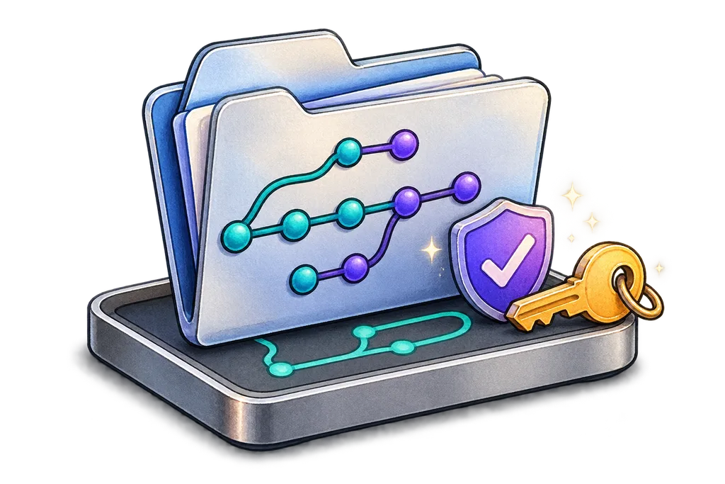A protected repo folder with a Git graph, SSH key and local desktop tray