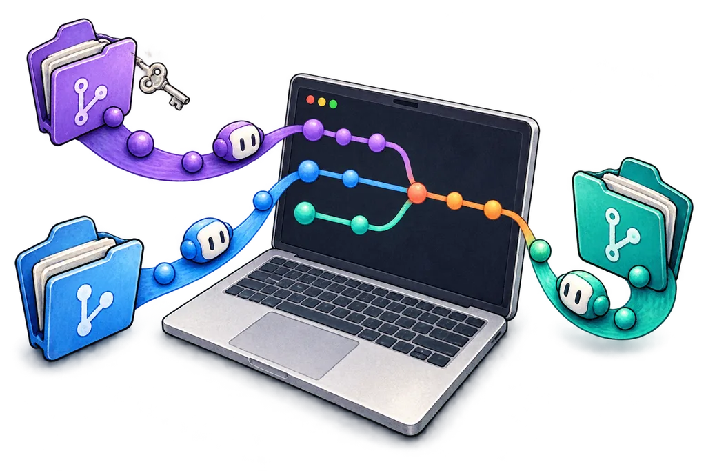 An illustrated silver laptop connected to colourful repo folders by branching Git paths