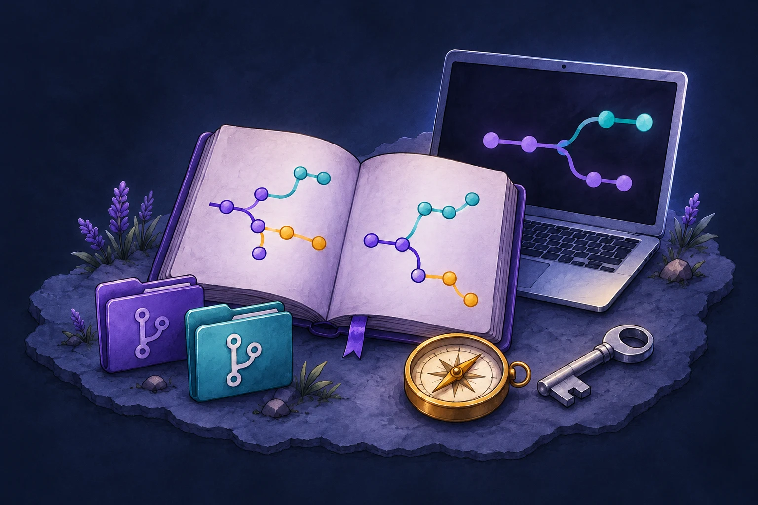 A night-time illustrated Git field guide with a laptop, repo folders and branch trails