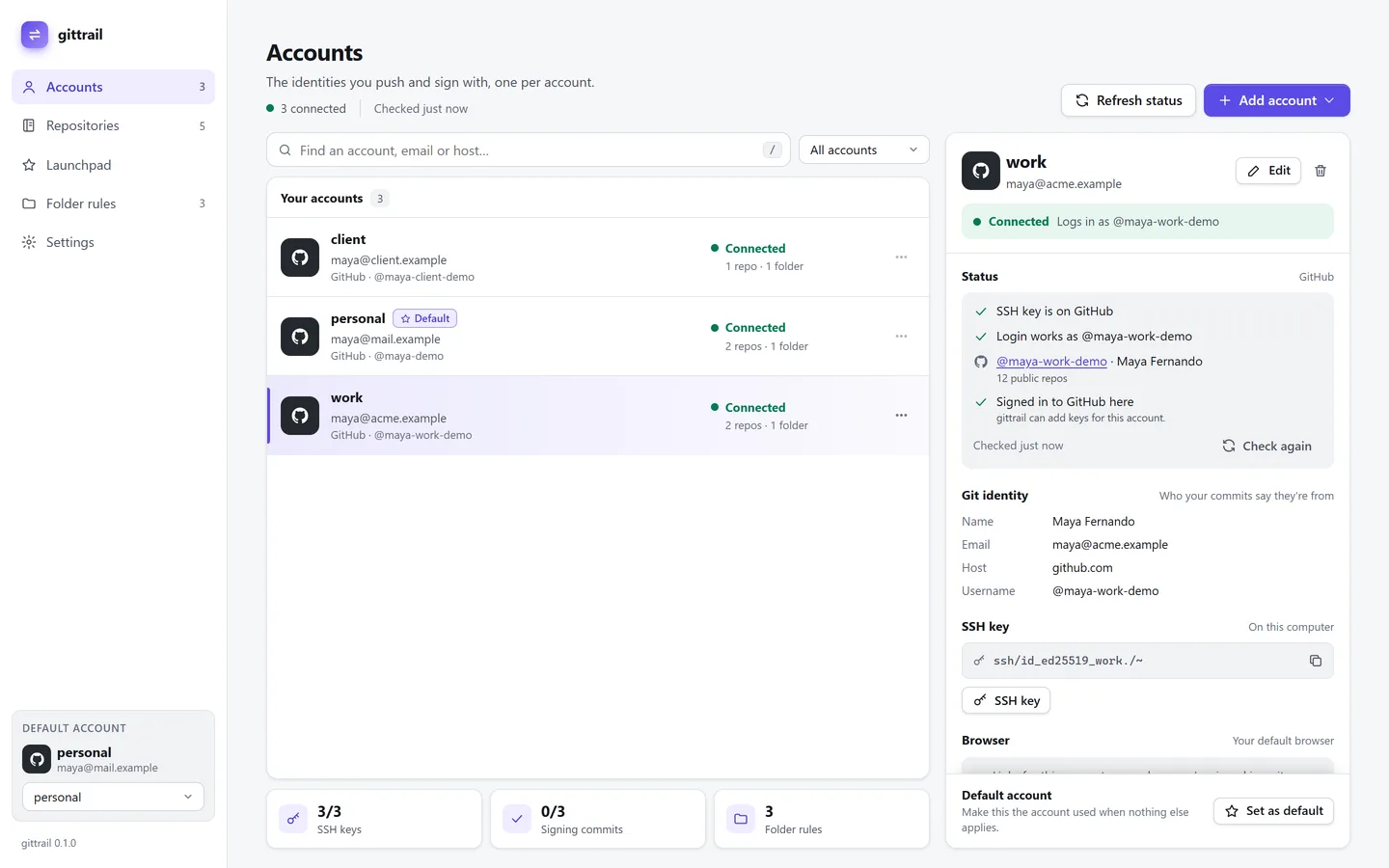 GitTrail Accounts page with work, personal and client GitHub accounts, all connected, and the details of the work account