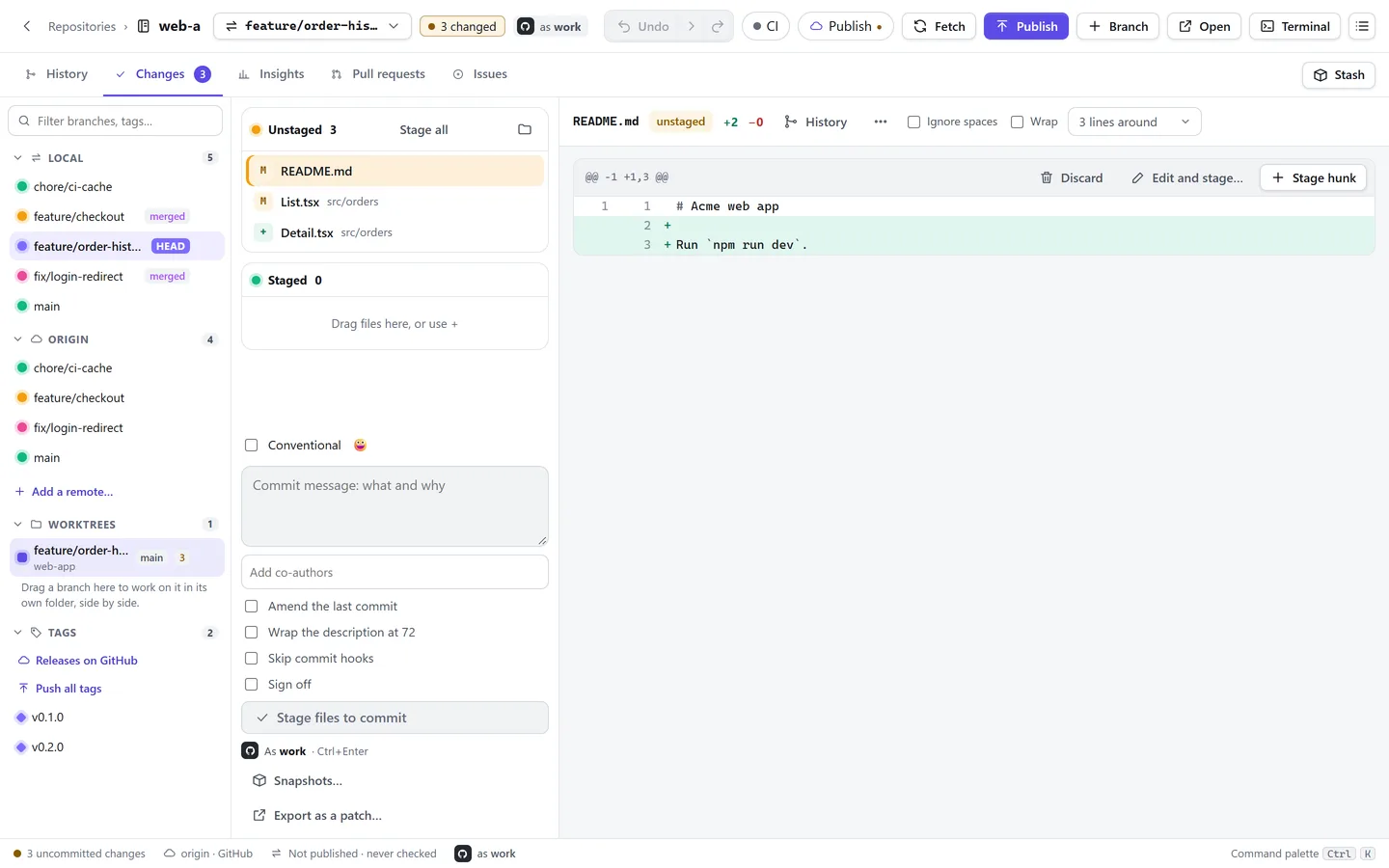 GitTrail Changes view with unstaged files, a diff of README.md and the commit form signed as the work account