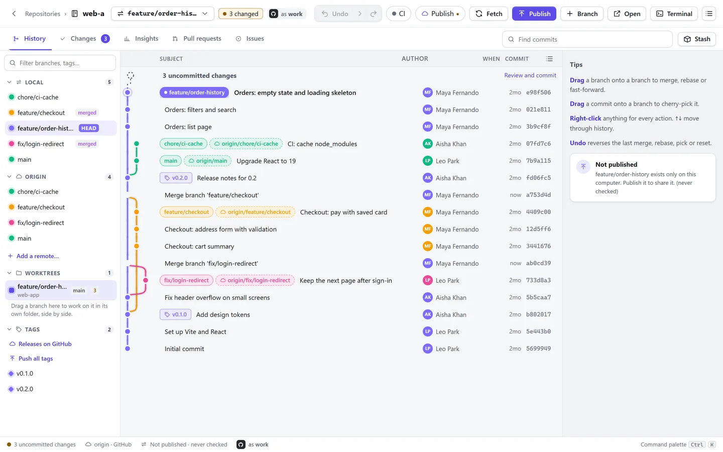 GitTrail showing the commit graph of the web-app repository, with feature branches, merges, tags and authors