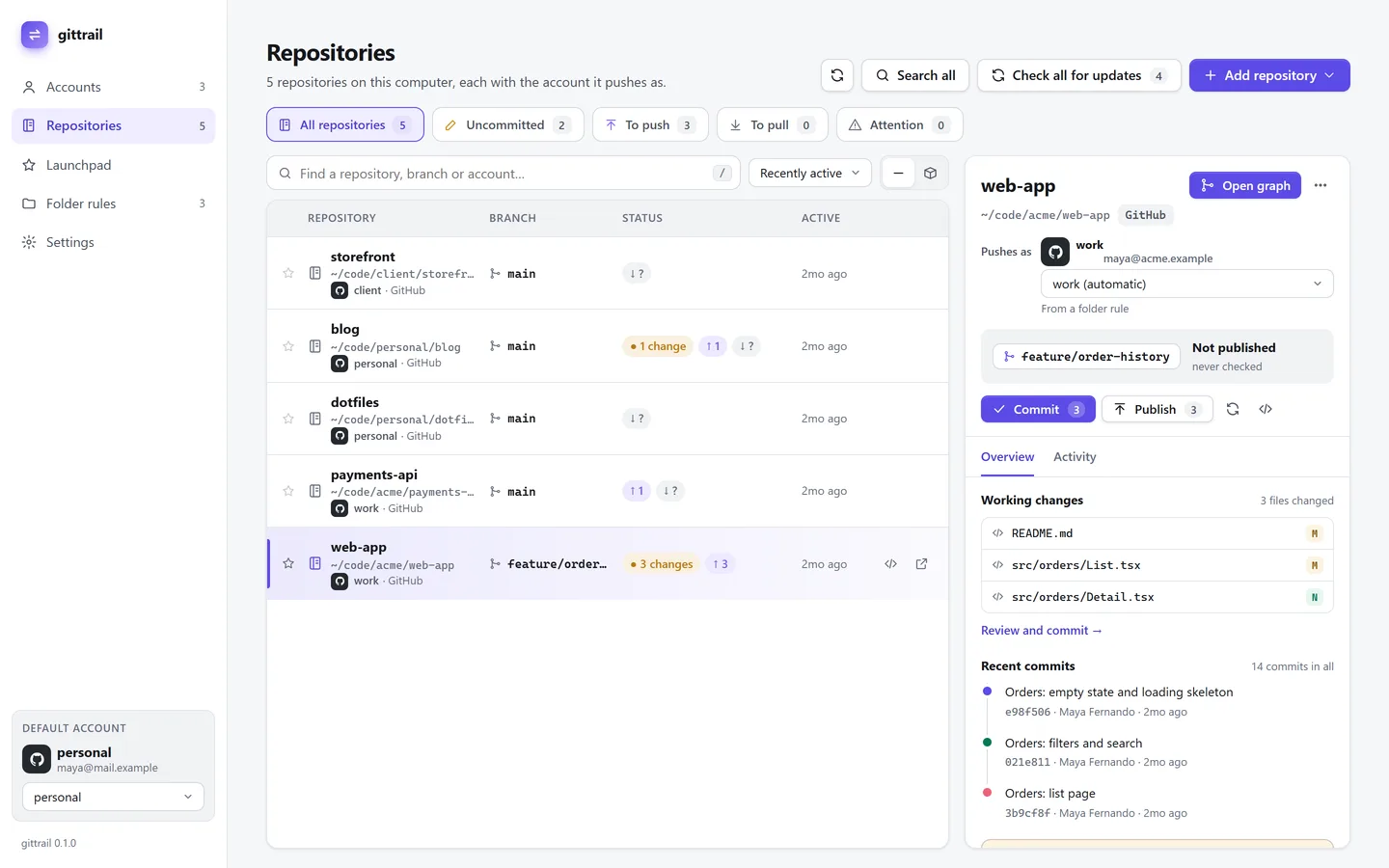 GitTrail Repositories page listing five repositories with their branch, status and account; web-app is selected